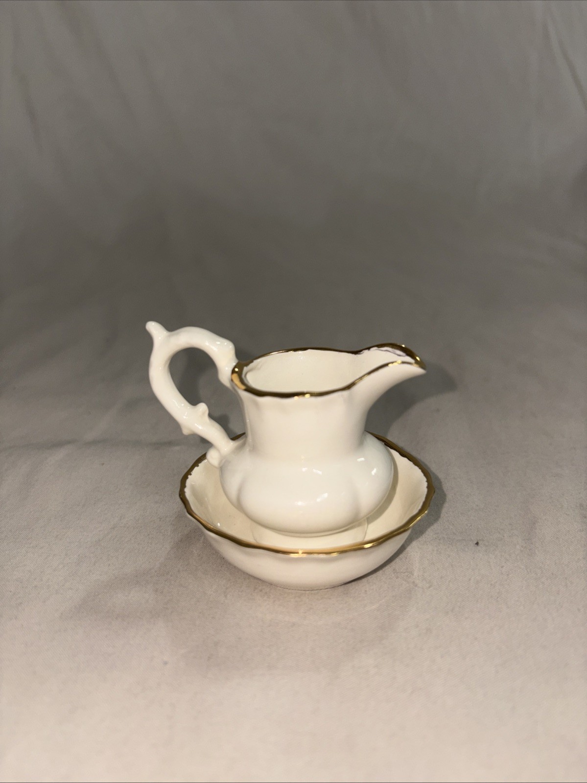 Vintage Mini Creamer And Saucer White With A Gold Trim #B30