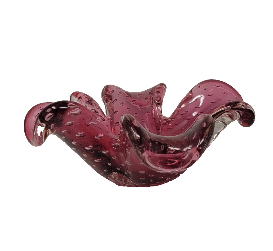 Vintage Mirano Bubble Dish 7″ Dark Pink Hand Blown Bulli Cante circa 1960 1970