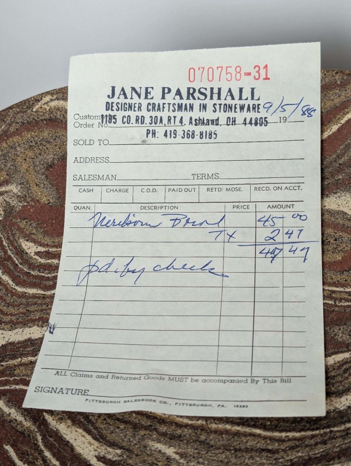 Jane Parshall Studio Art Pottery Platter – Marbled Inlaid Clay – W/ 1988 Receipt