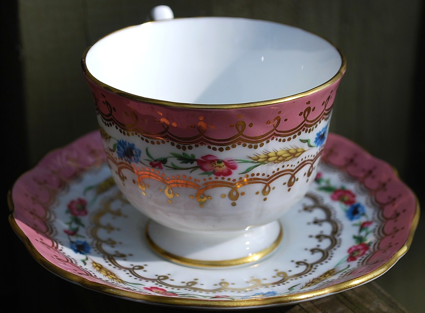 Vtg AYNSLEY ENGLAND Footed Teacup & Saucer HARVEST WHEAT/PINK FLORAL Bone China
