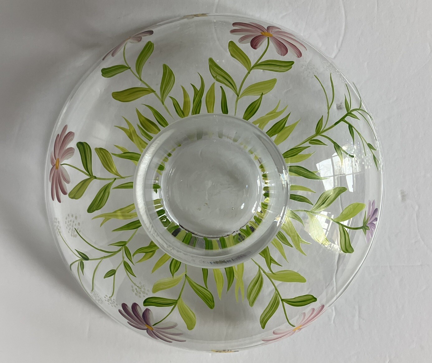 Hand Blown And Painted 9 Inch Glass Bowl And 6.5” Vase Floral And Bees