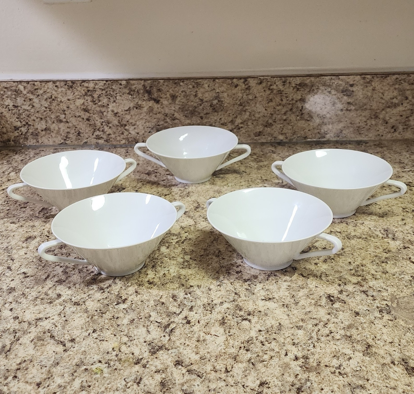 Set of 5 White Ceramic Round Two-Handled Soup Bowls, Glossy Solid, 5 in