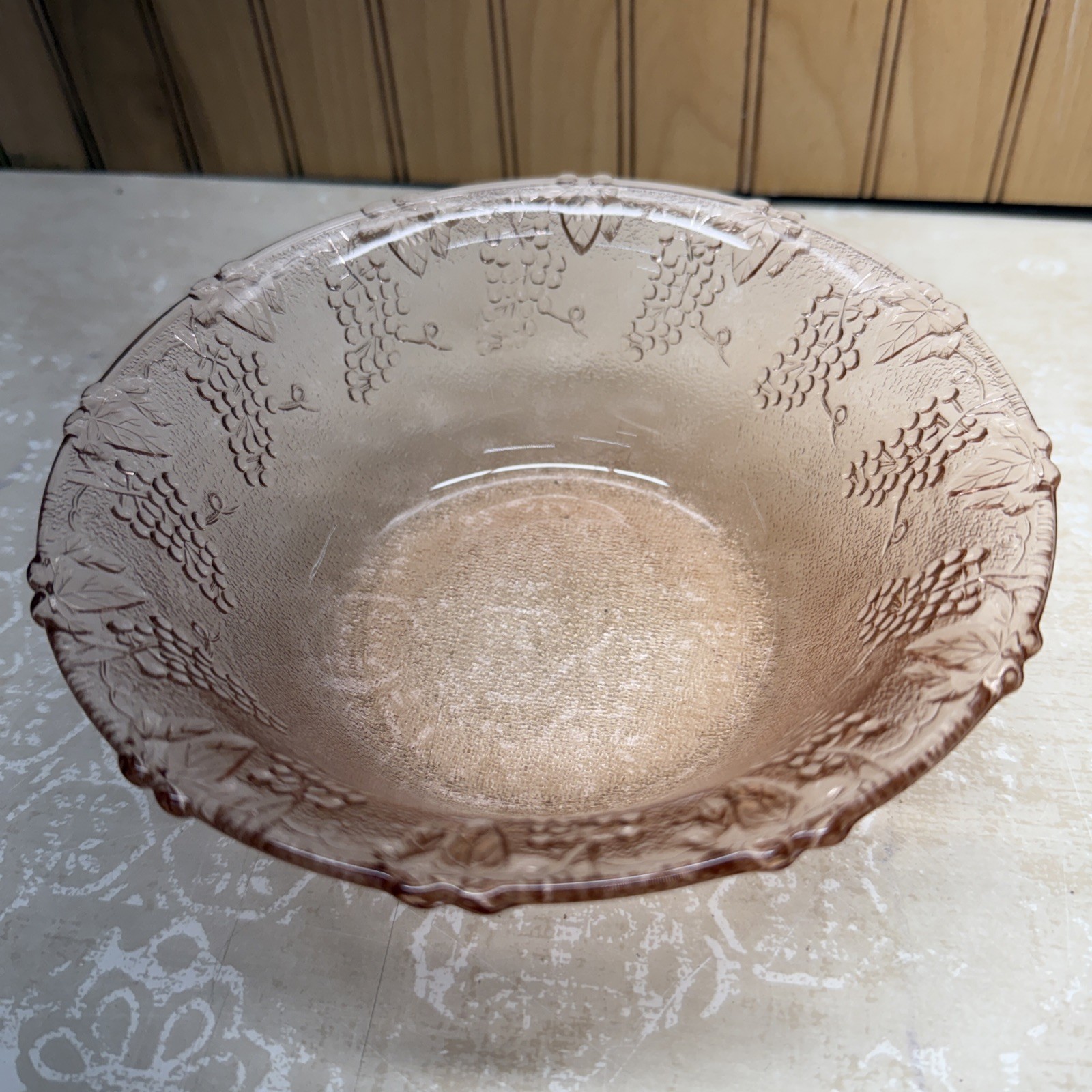 Vintage KIG Indonesia Pink Glass Grape & Leaf Embossed Dessert Bowl