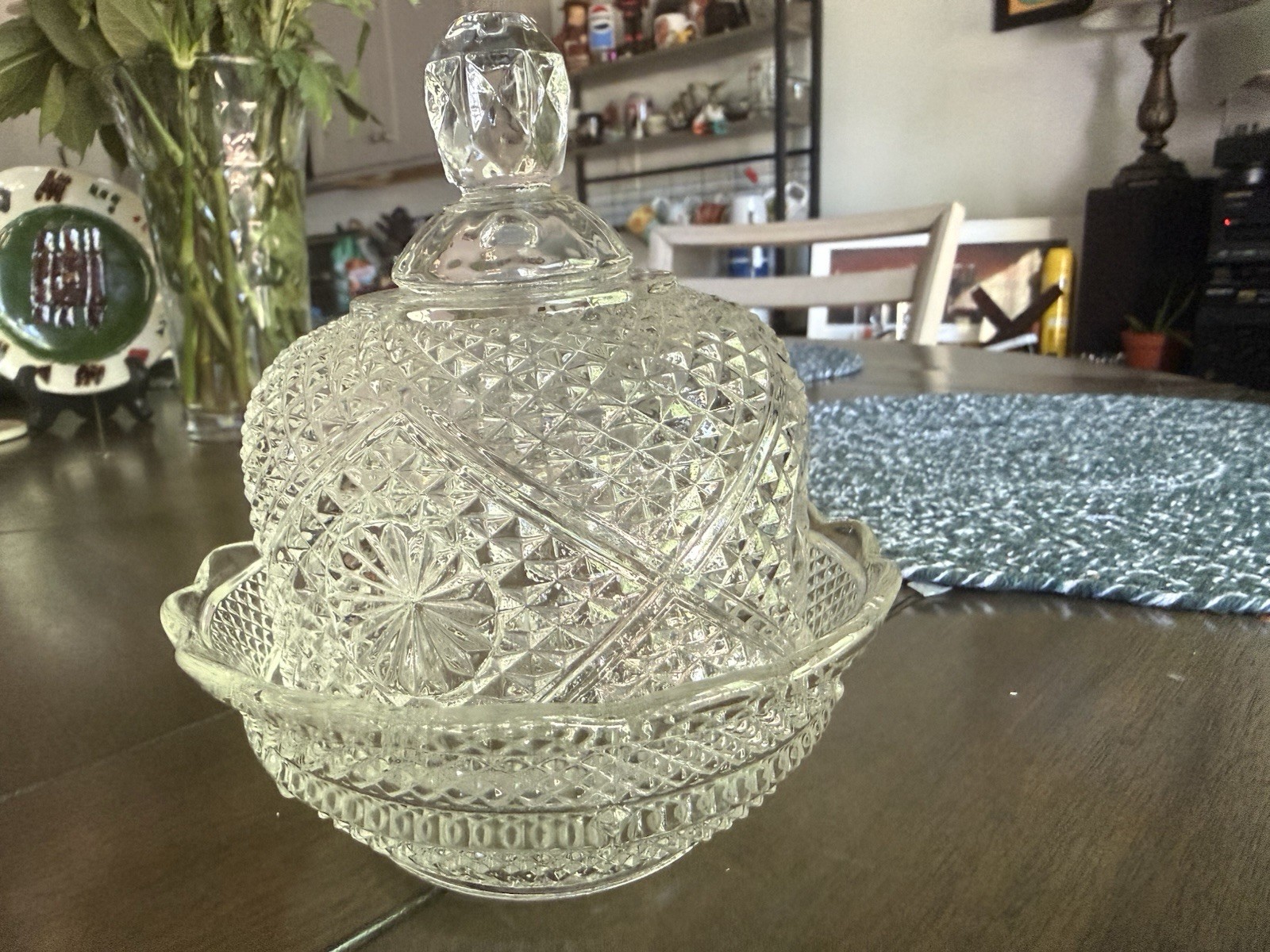 Vintage Pressed Glass Covered Candy Dish Dresser Jar With Underplate