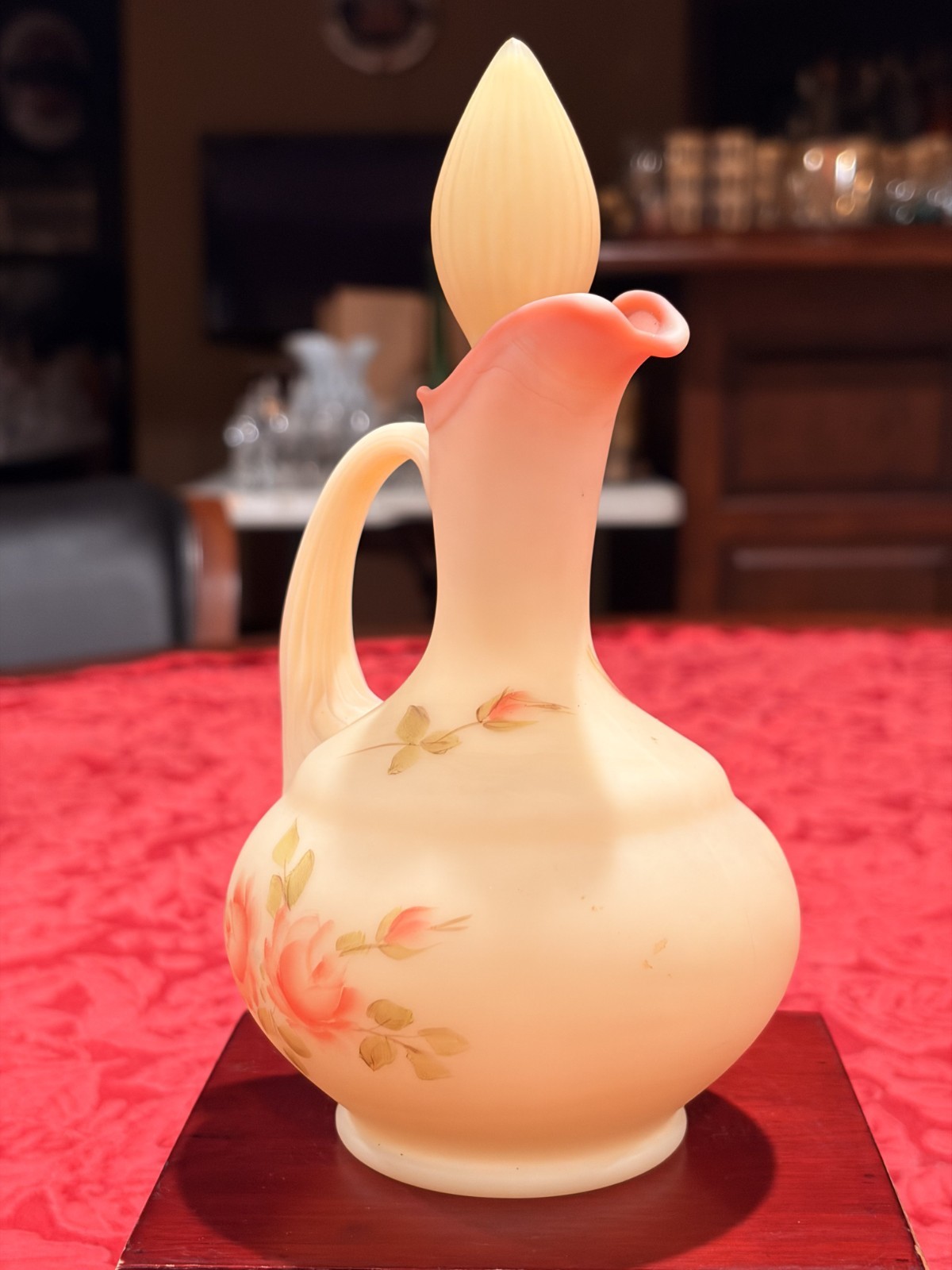 Vintage Fenton Burmese Satin Glass Cruet Stopper Hand Painted Roses UV Glow
