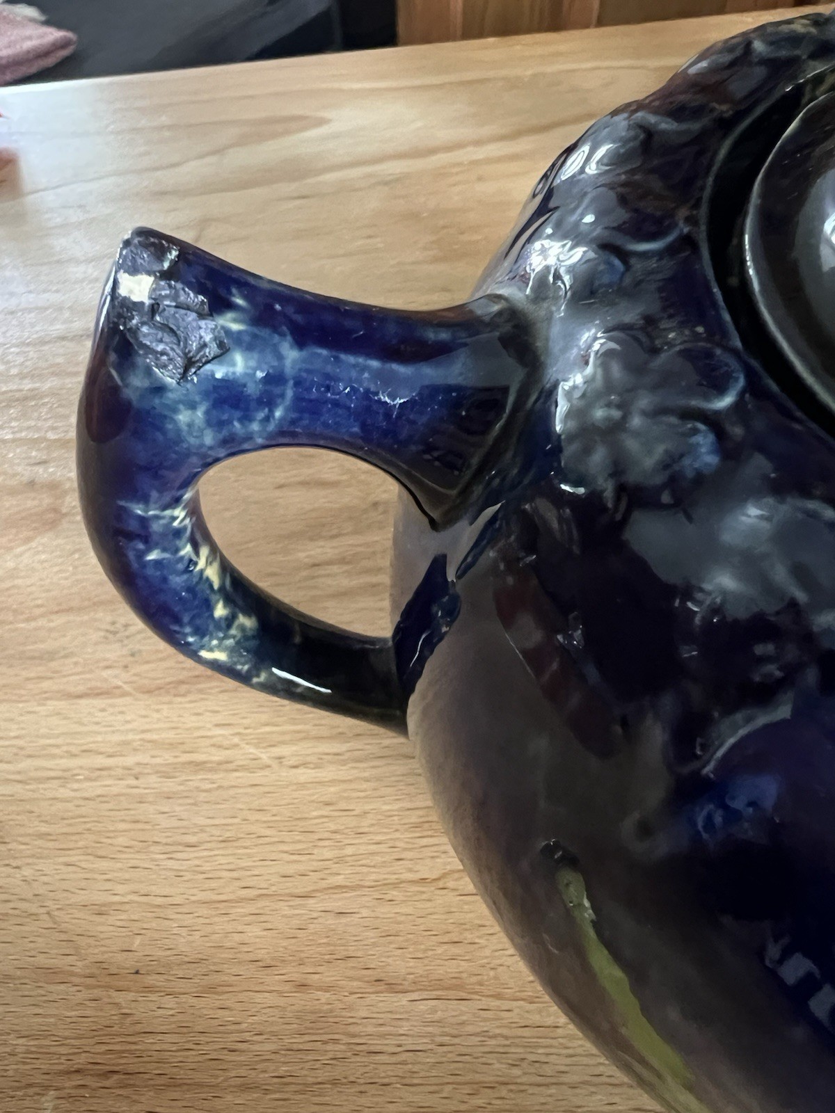 Cobalt Blue Yellow Ware Tea Pot 19th Century American Rare Blue Glaze Circa 1880