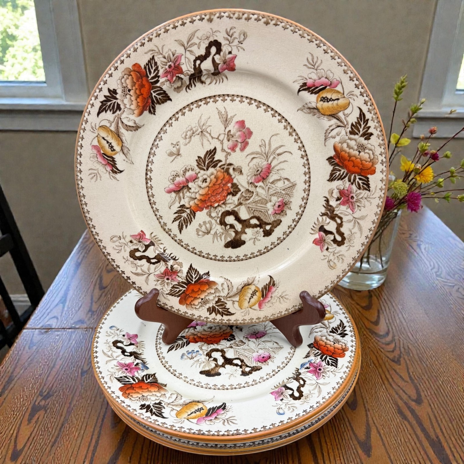 Wedgwood Bullfinch Brown Multicolor (Brown Trim) Dinner Plate 10 3/8″ Lot of 5