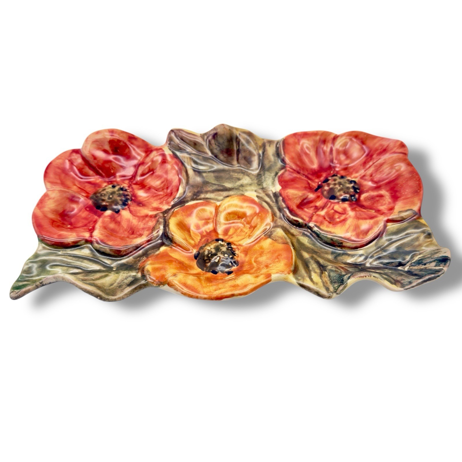Vintage Italian Art Pottery Poppy Tray Textured Floral 3D Effect MCM Italy