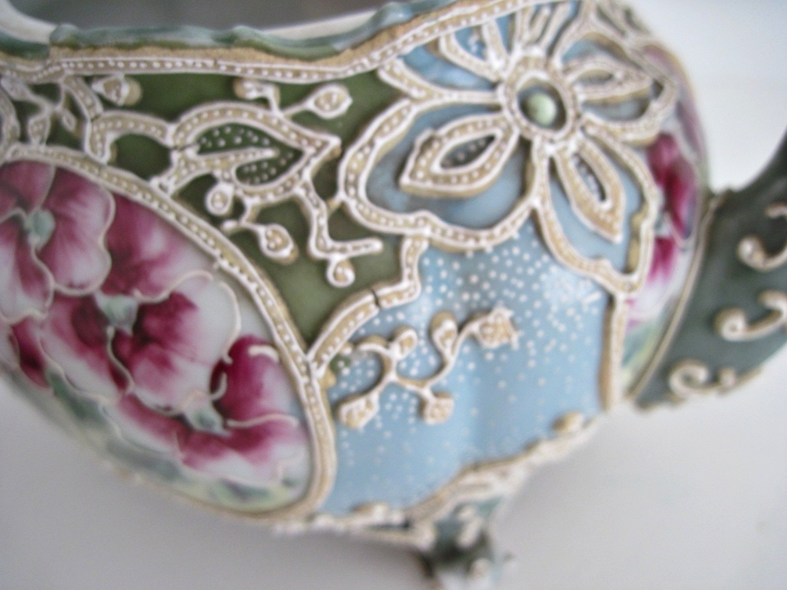 Antique Nippon Moriage Teapot Green Blue With Hand Painted Flowers READ