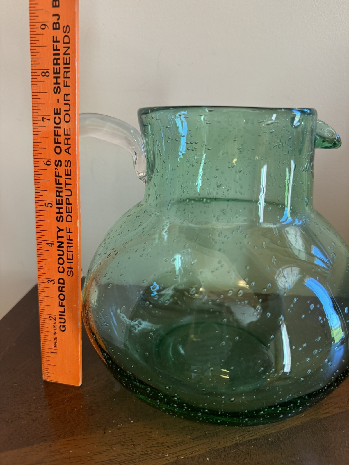 END 7/23 Large Hand Blown Green Bubble Glass Pitcher Heavy Applied Handle Seeded