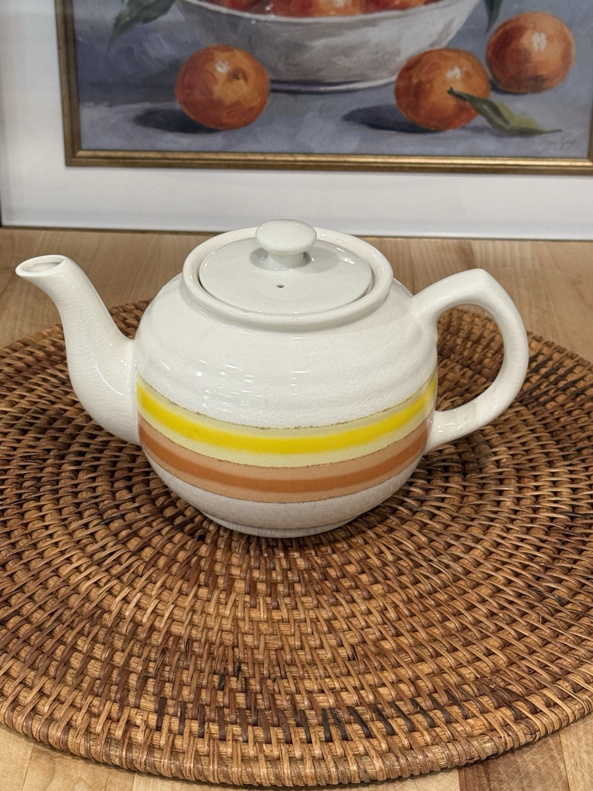 Vintage Teapot Tea Pot Stoneware Japan w/ Lid Ceramic Pottery Orange Stripe