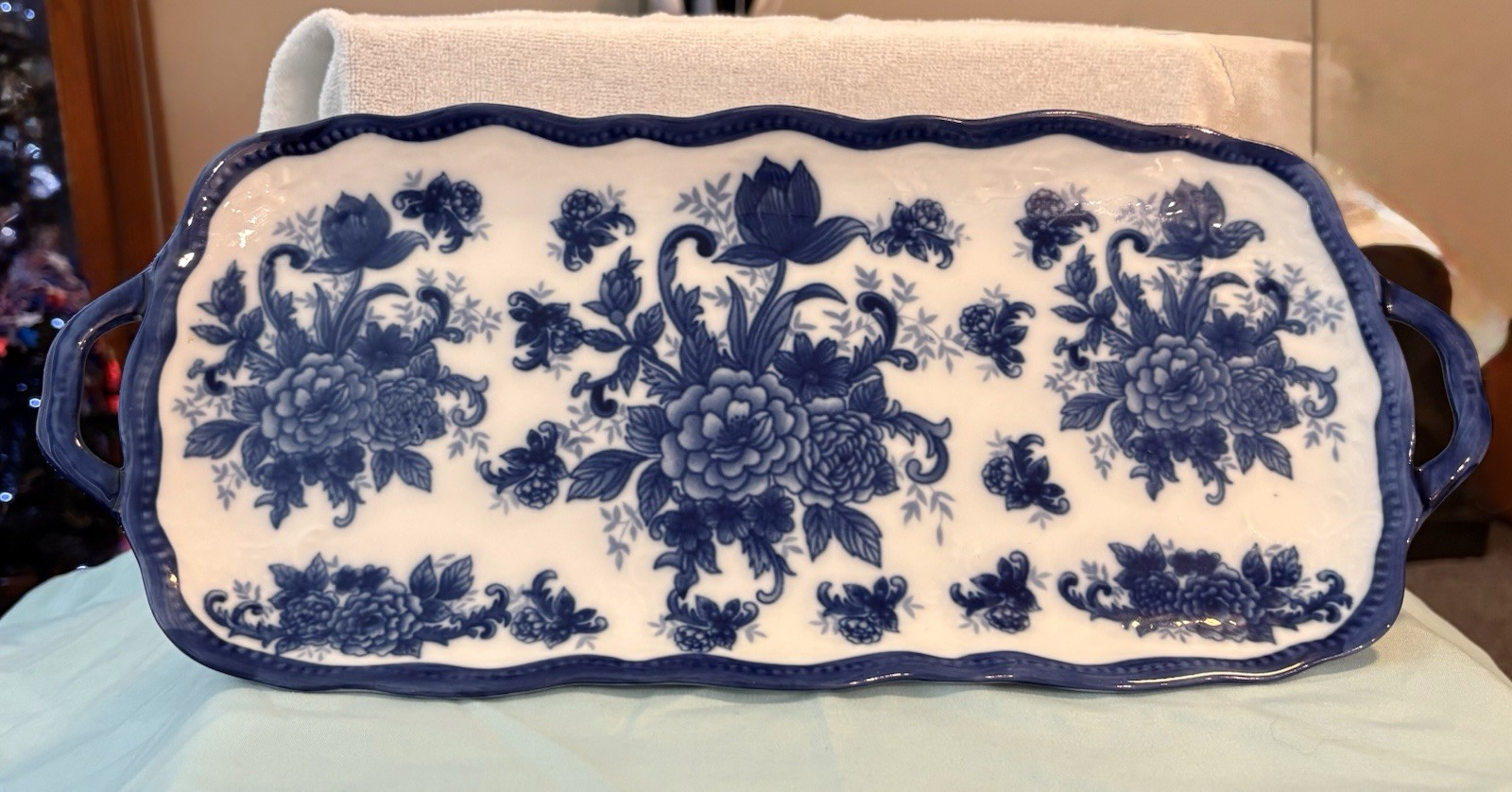 vintage Blue & White Floral Rectangular Ceramic Serving Tray w/ Handles