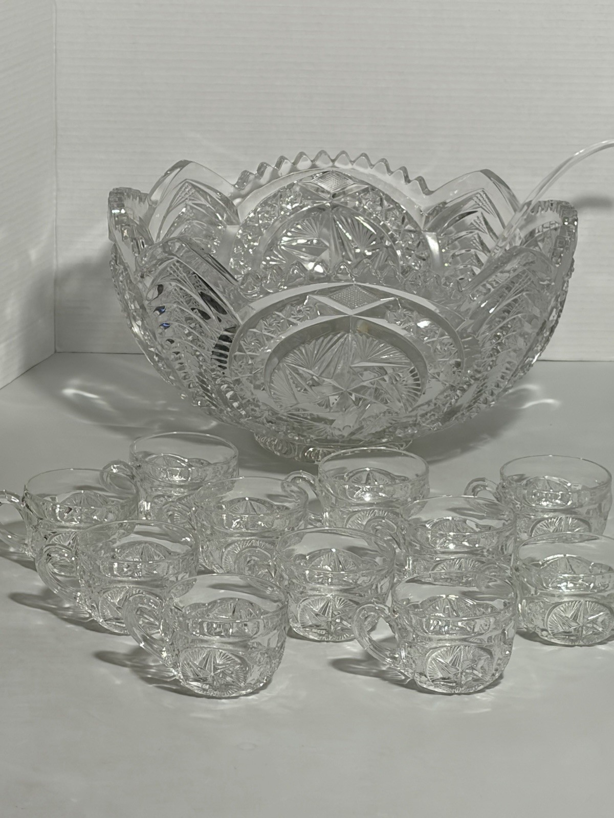 Vtg Rare Pattern Glass Pres Cut Punch Bowl Set LE Smith Stars Feather Horseshoe?