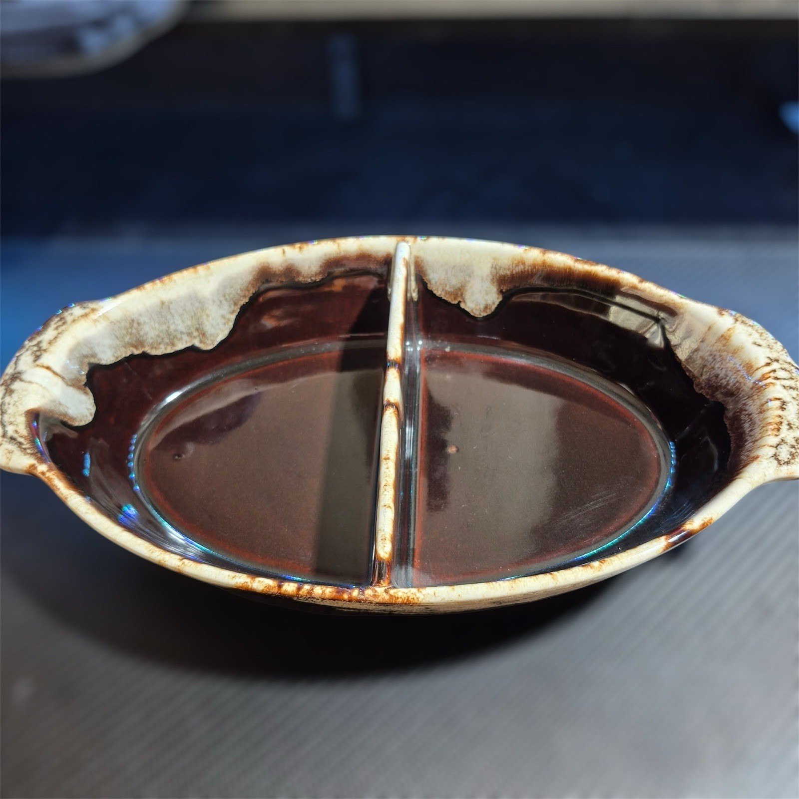Vintage Pfaltzgraff Brown Drip Glaze Divided Vegetable Stoneware Dish Retro USA