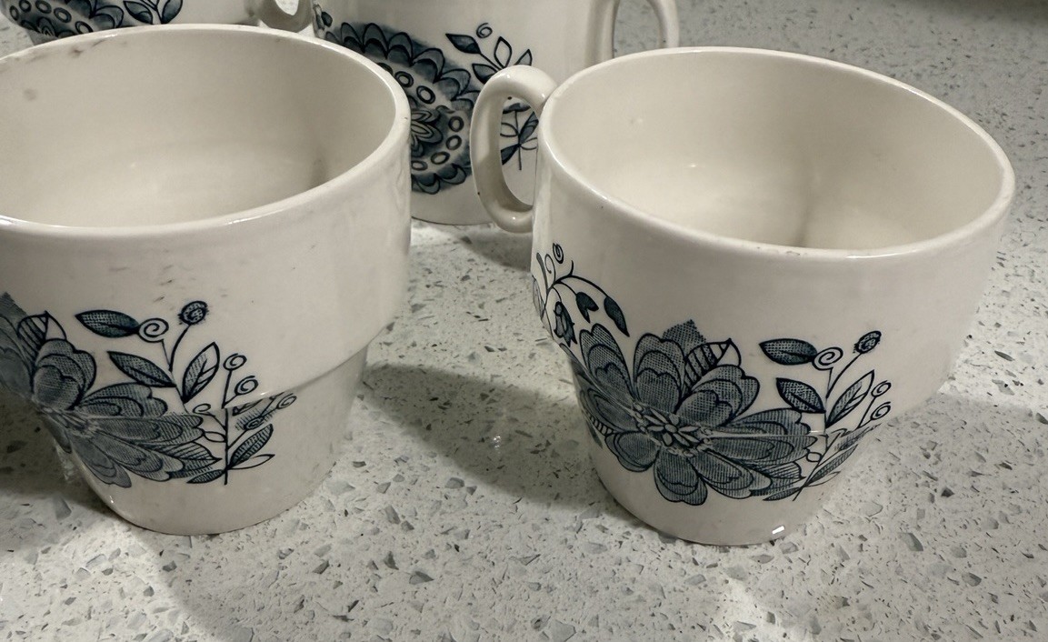 Parker Brothers Ltd Offbeat Blue White Royal Tudor Tea Cups Stackable Set Of 6