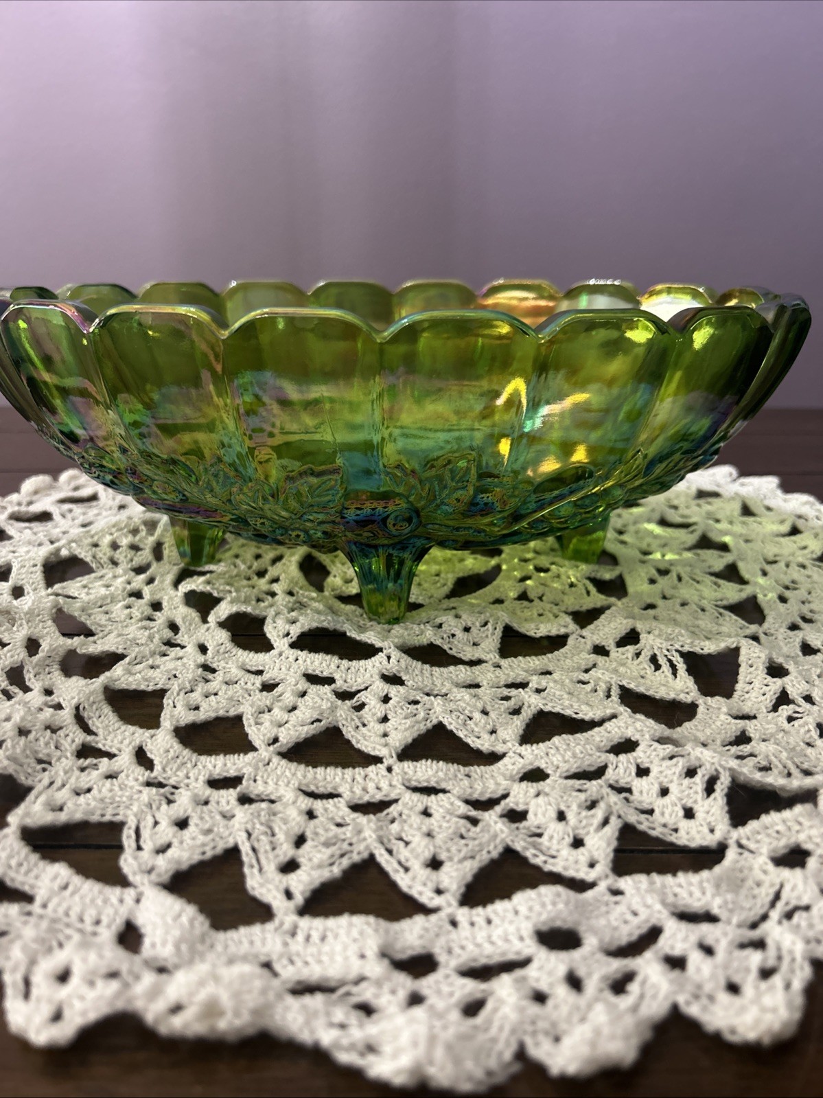 Vintage Indiana Glass Iridescent Green Carnival Glass Footed Oval Fruit Bowl 12”