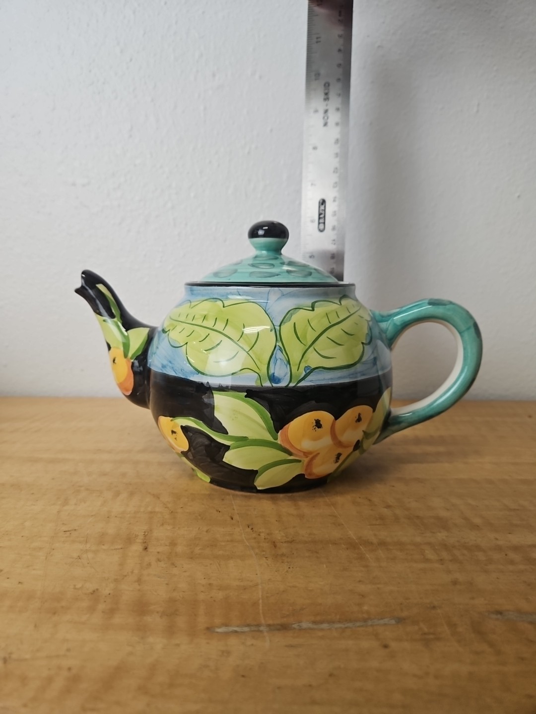 Favanol Teapot Fruit and Leaves Hand Painted Portugal blue, black, teal