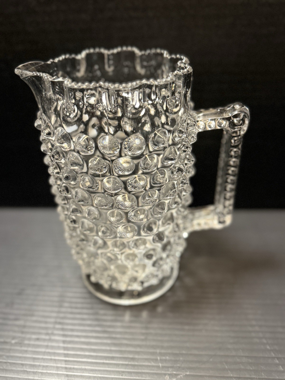 Vintage Hobnail Clear Pitcher Crimped Rim 7.75 In H