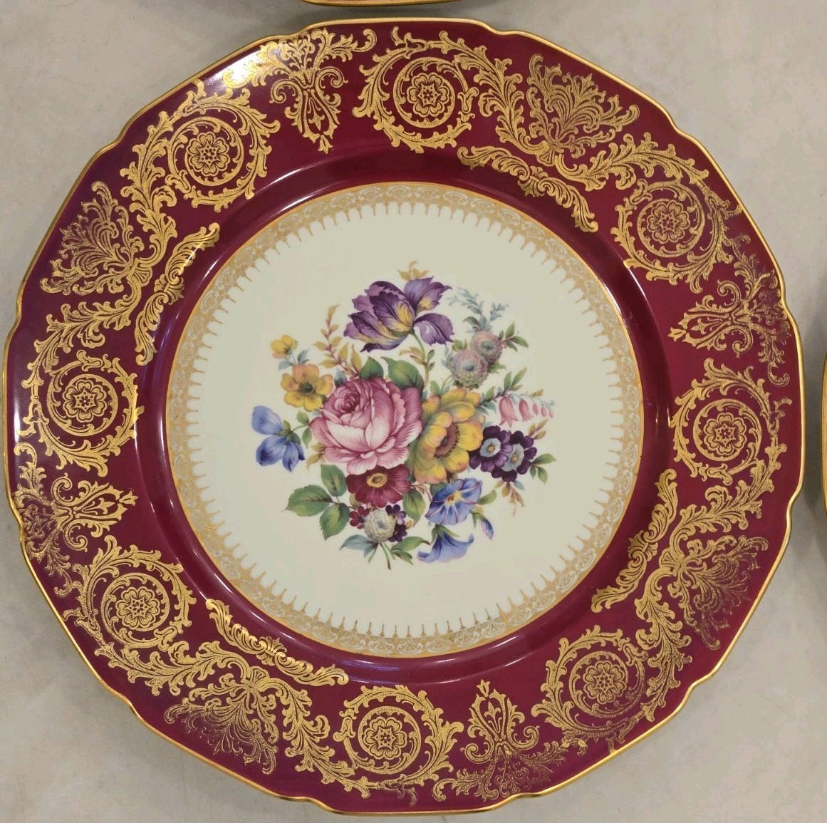 6 Rosenthal Ivory China 10.5″ Plates Maroon Gold Border Floral Center Scalloped