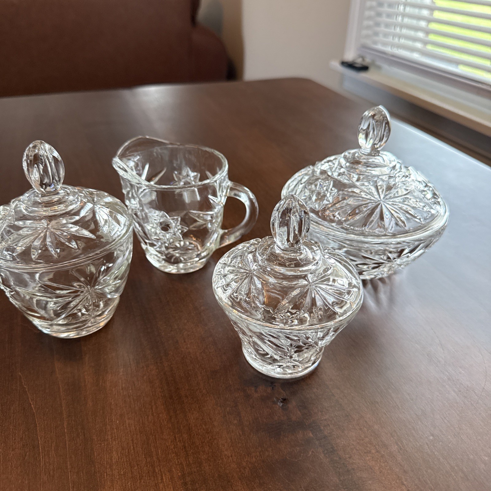 Crystal Creamer and Sugar Bowl Set & 2 small candy dishes with lids