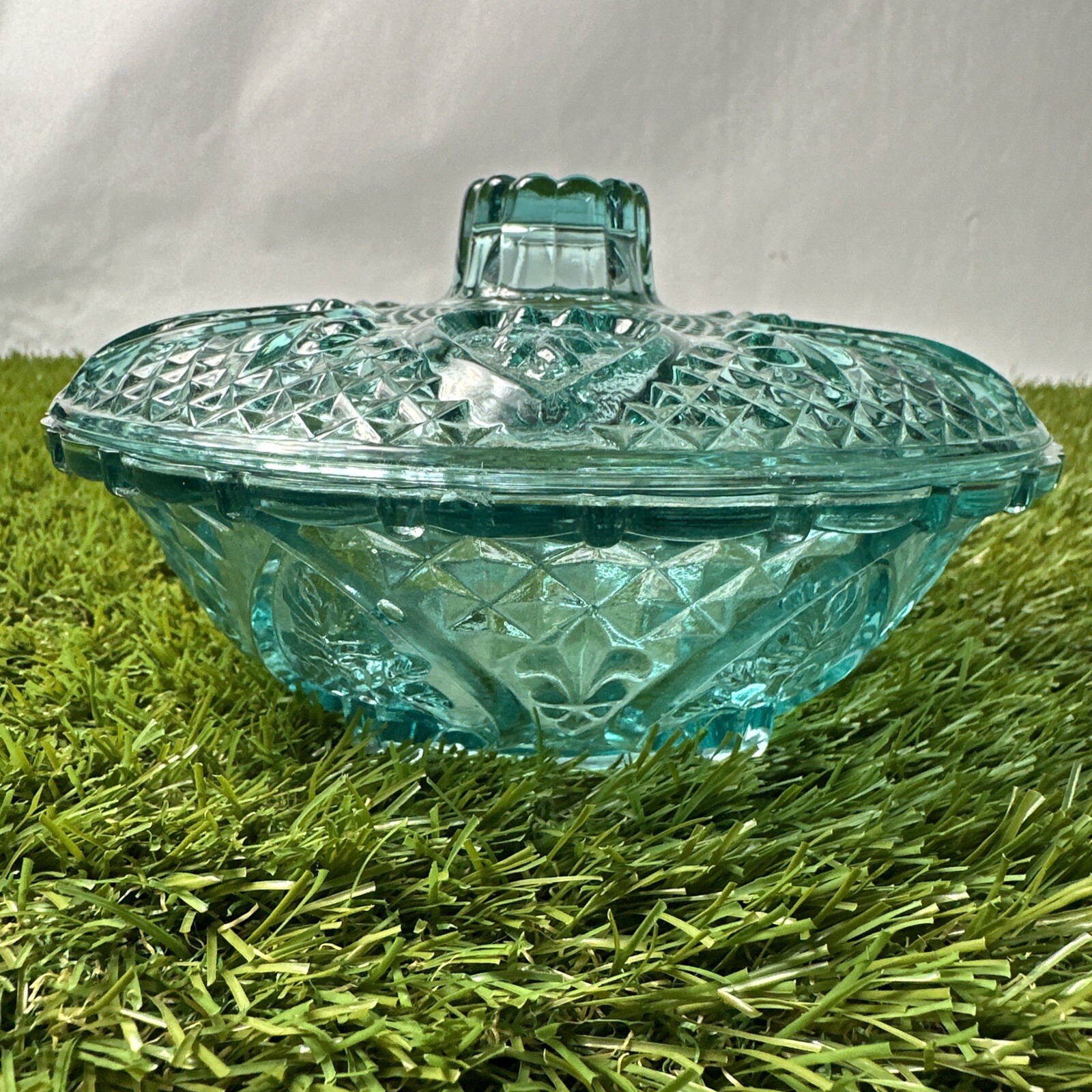 KIG Indonesia Turquoise Blue Candy Dish Pressed Beaded Glass Vintage MCM Roses