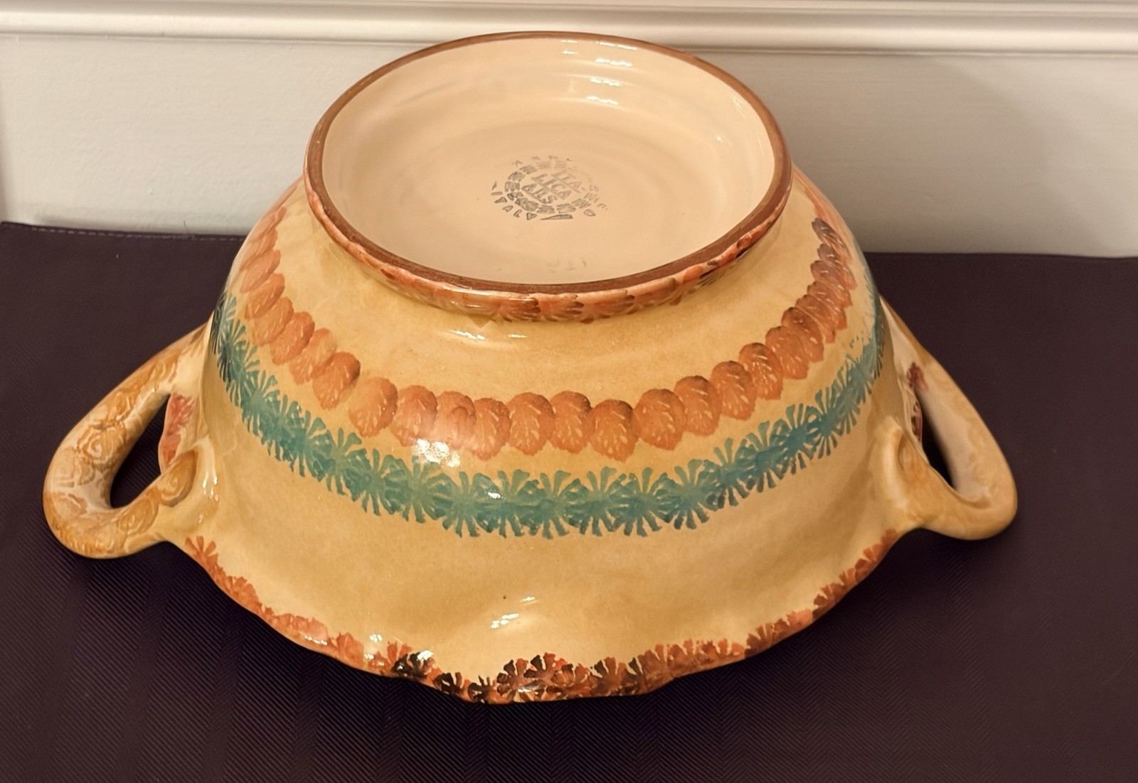 Vintage Italian Hand Painted Majolica Centerpiece Fruit Bowl Double Handle 14”