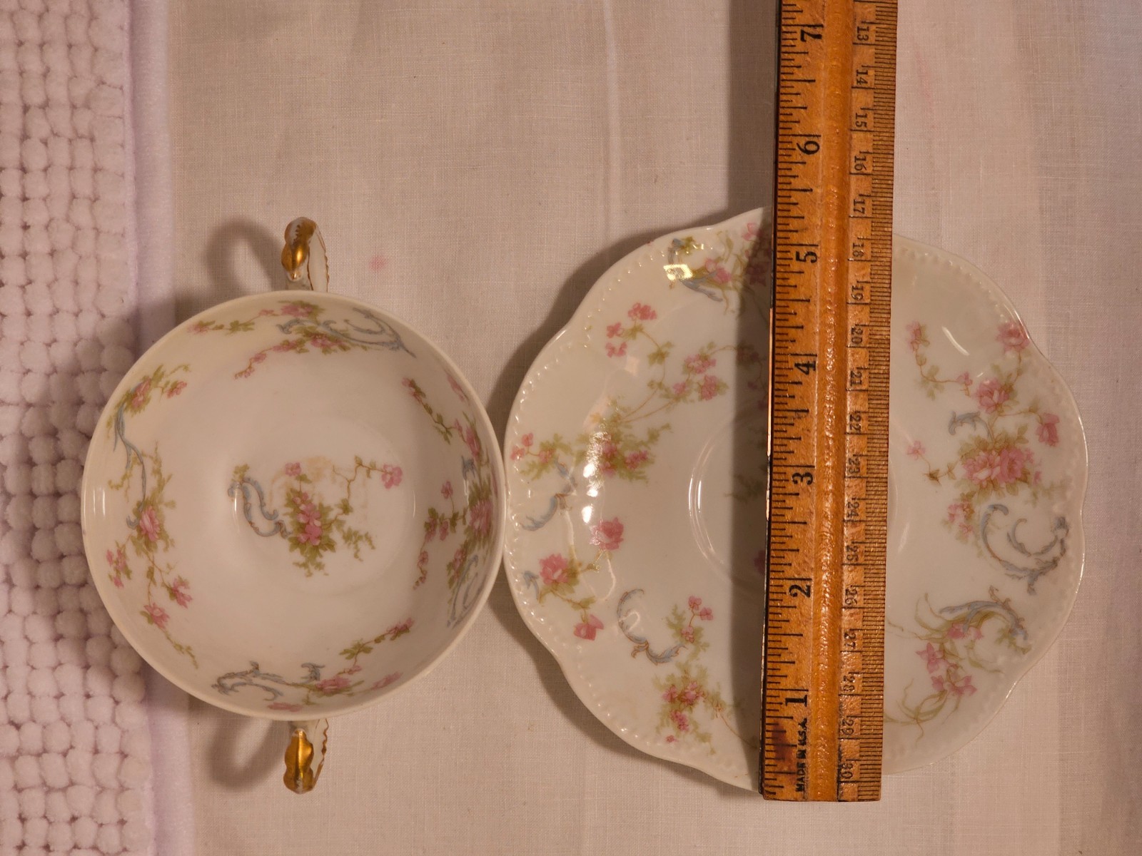 Bouillon cups w/ saucers, set of three, vintage china, Haviland, Cauldon, Pouyat