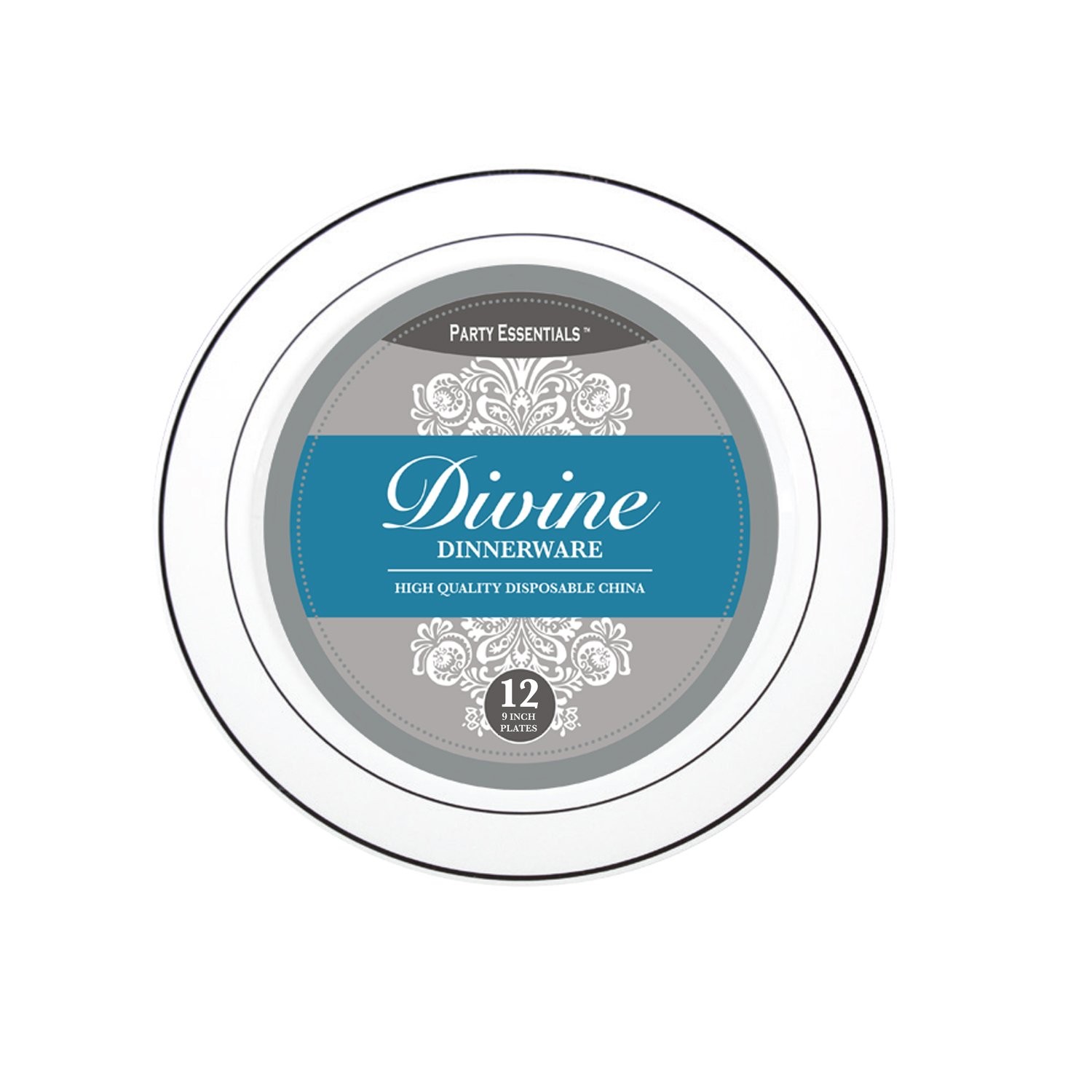 Party Essentials N507255 Divine Plastic Plates Silver Rim 9 White Silver Case