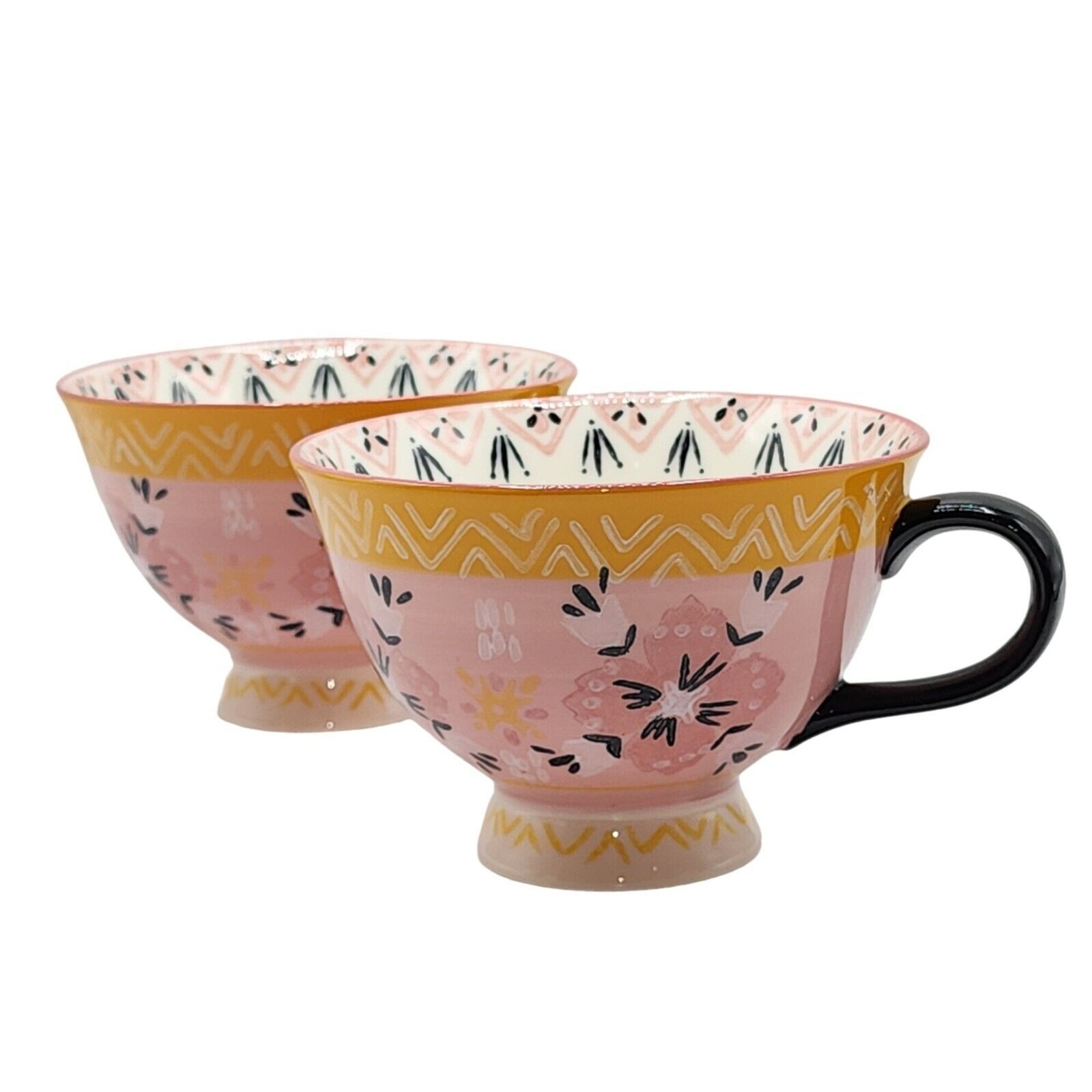 Bloom Pottery Set of 2 Pedestal Ceramic Tea Cups Coffee Mug Hand-Painted Floral