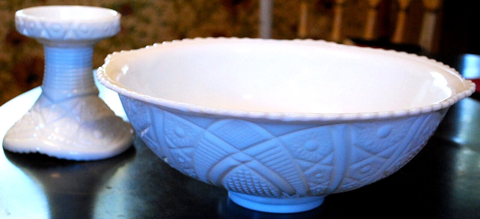 Vtg 1930s McKee THE CONCORD White Milk Glass PUNCH BOWL & PEDESTAL BASE SET 13″