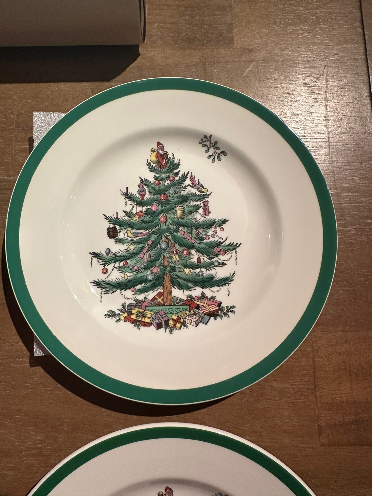 NEW Set 4 SPODE Christmas Tree Salad 8″ Plates Green Trim #3324 Dessert w/box