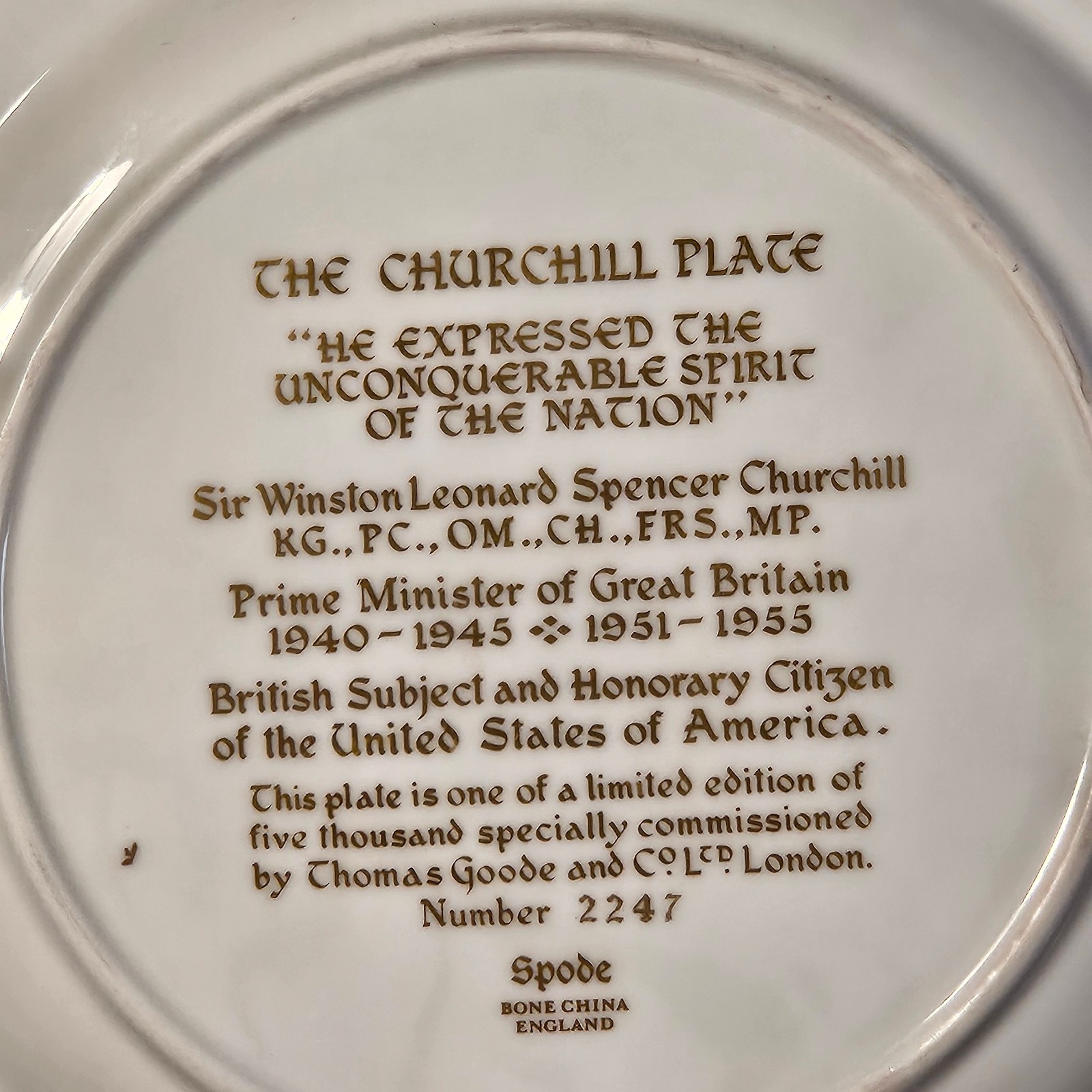Spode The CHURCHILL Bone China Plate, England, 10.5″, #2247 of 5,000 Ltd Edition