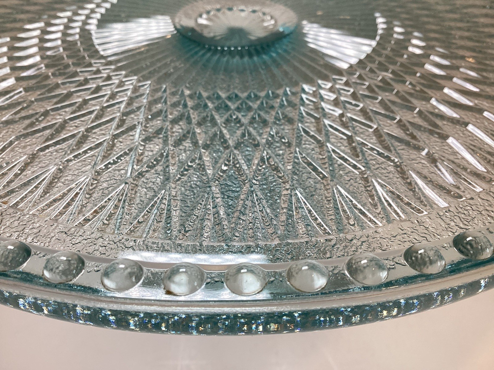 Jeannette Ice Blue Glass Harp Beaded Edge Pedestal Cake Stand 10” **READ**