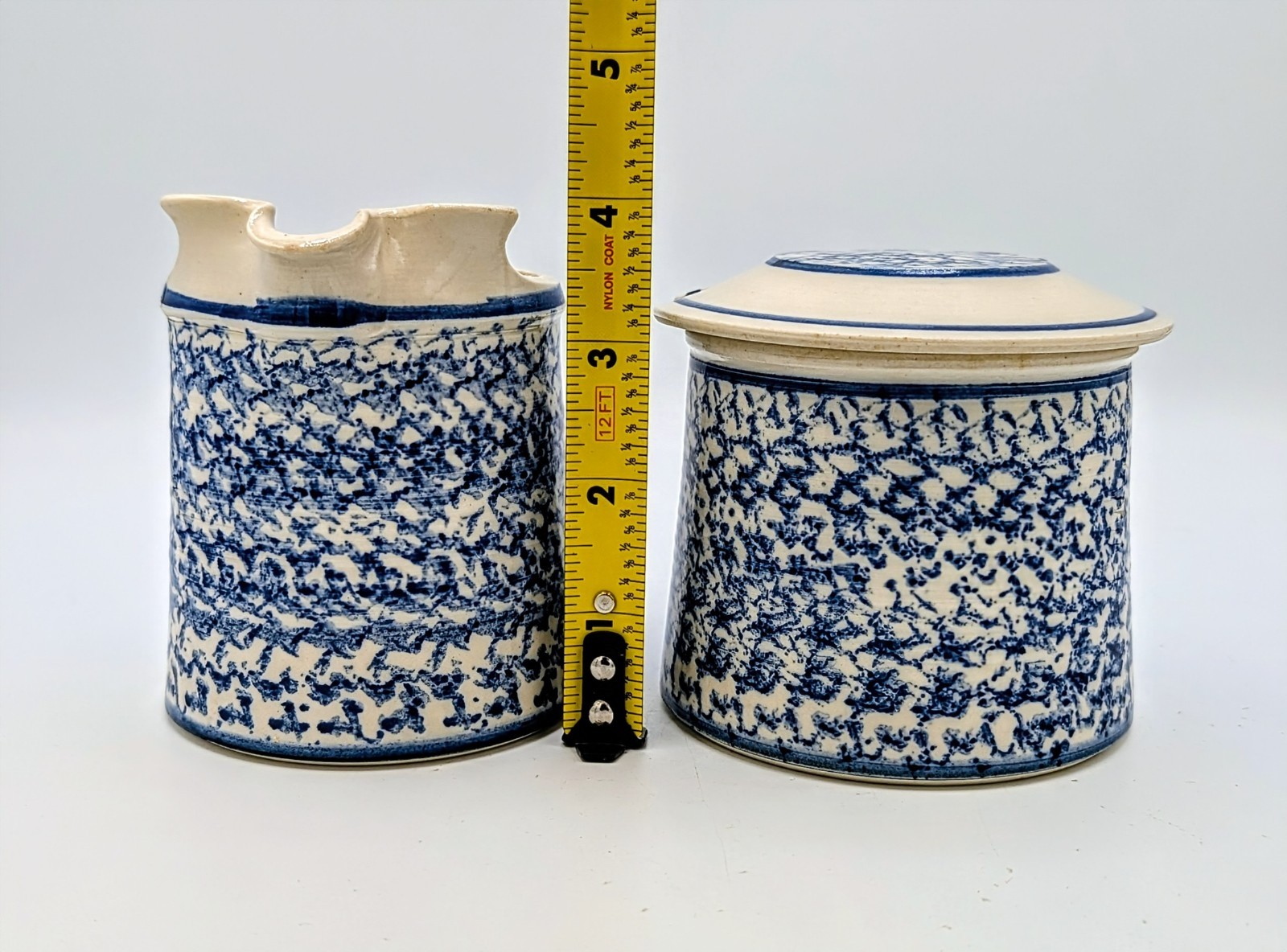 Signed Studio Pottery Blue Spongeware Creamer & Covered Sugar Bowl Stoneware