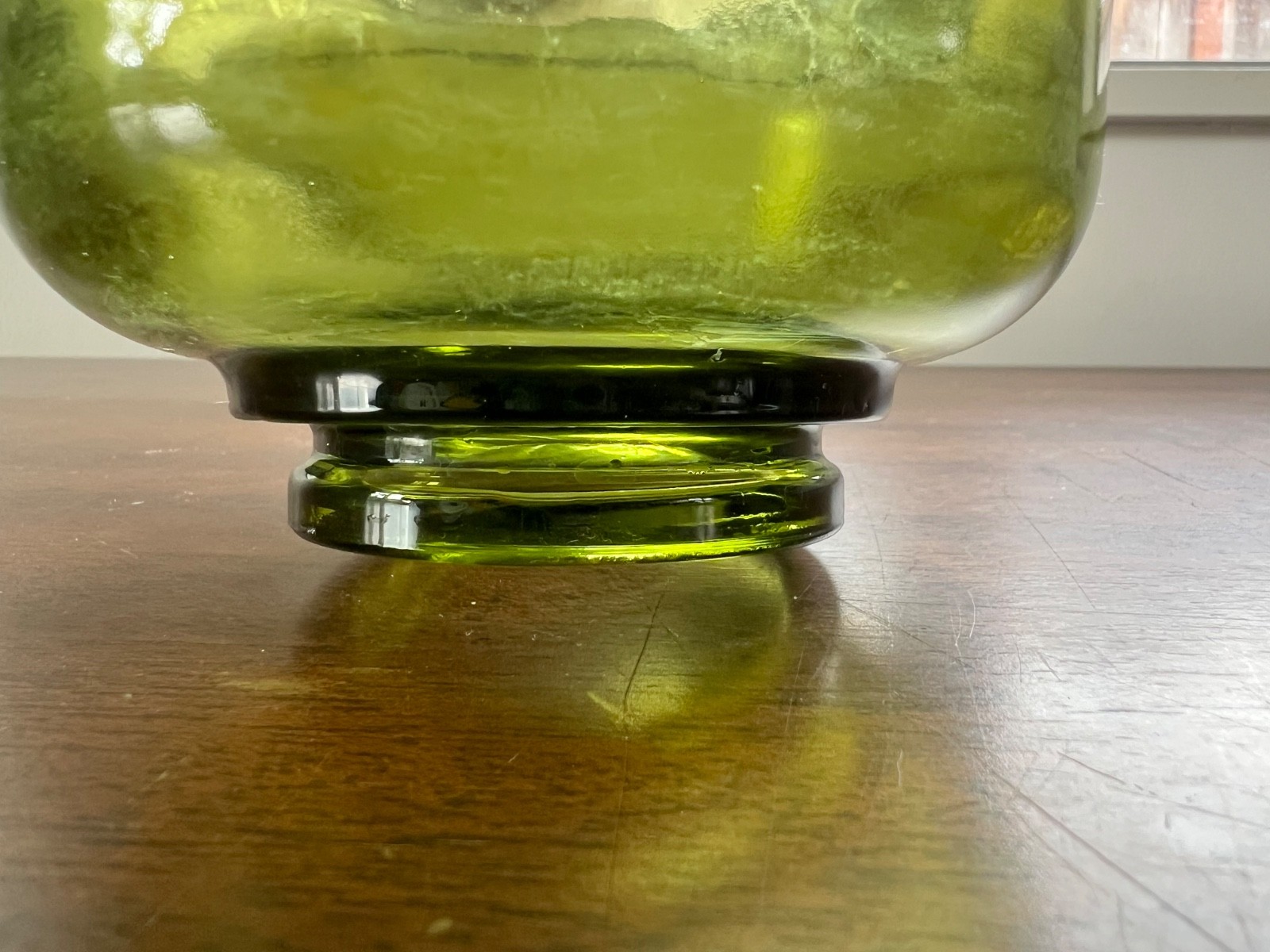 Vintage MCM Olive Green Glass Footed Bowl Retro Home Decor