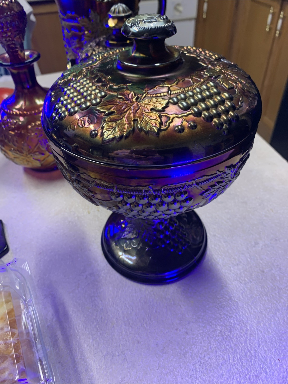 Antique Northwood Grape And Cable Lidded Compote Amethyst Carnival Glass 9”