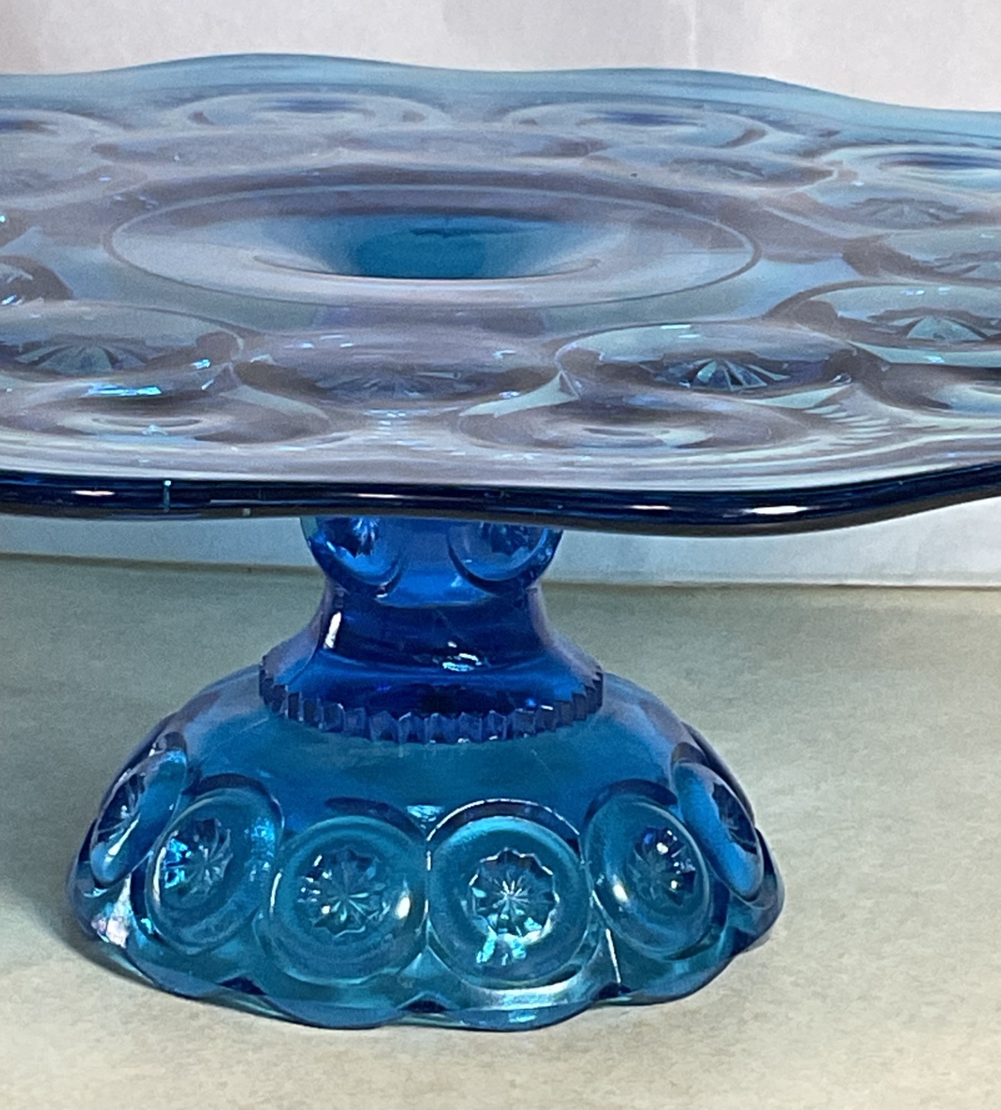 Vintage LE Smith Blue Moon and Stars Pedestal Cake Stand 11″ Diameter Surface