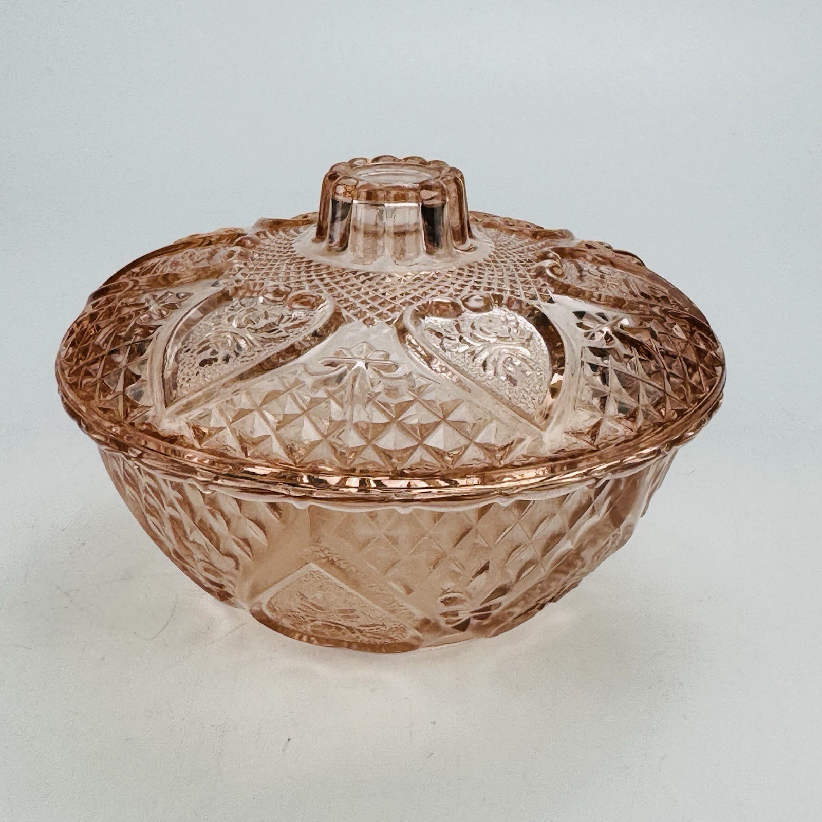 Vintage Covered Candy Dish Clear Pressed Glass Hearts and Roses