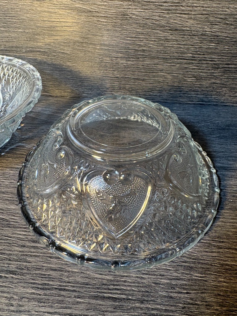 2 Vintage KIG Indonesia clear glass bowl with Heart and Floral pressed pattern