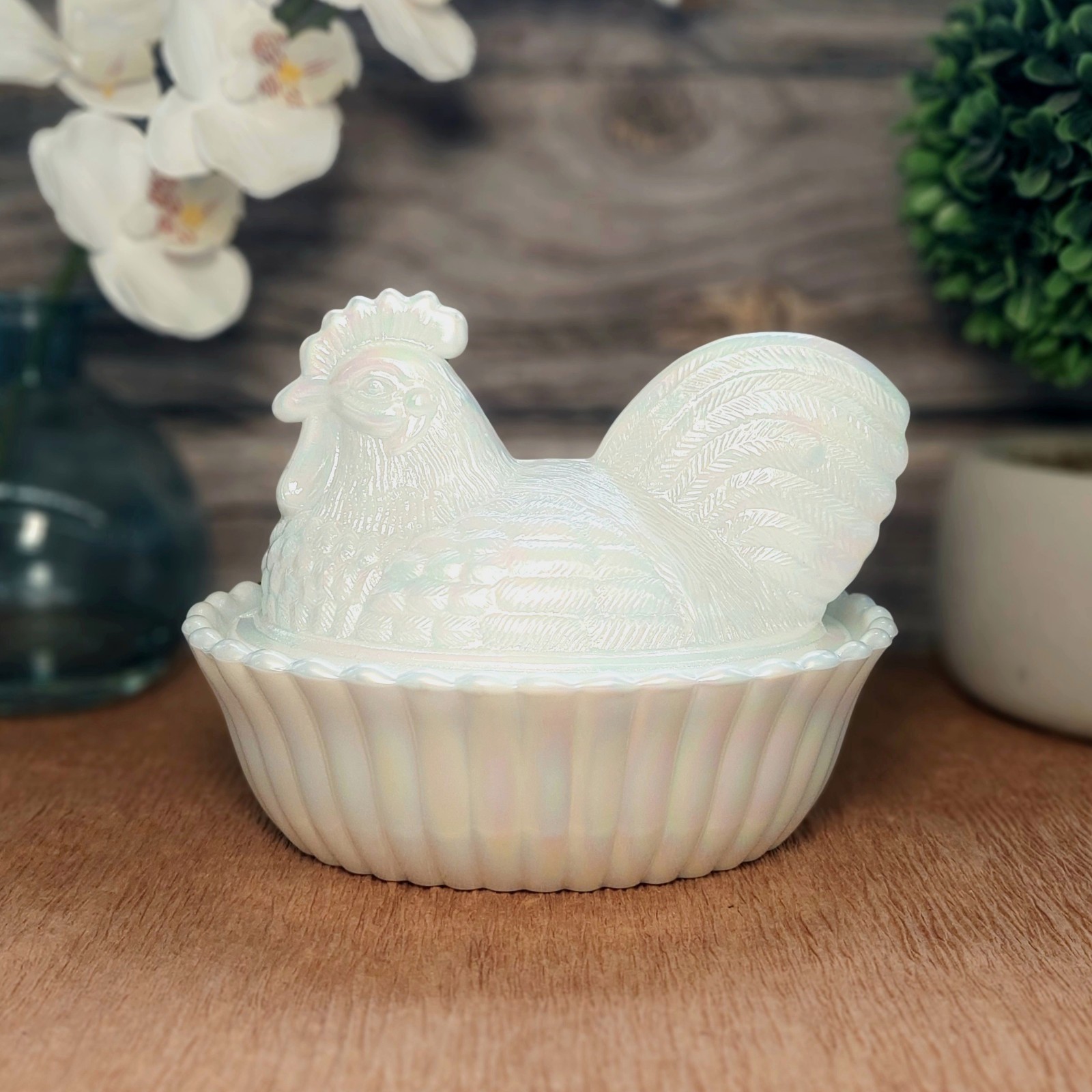 Pearl Carnival Glass Rooster Hen on Nest Chicken Candy Dish, Depression Style
