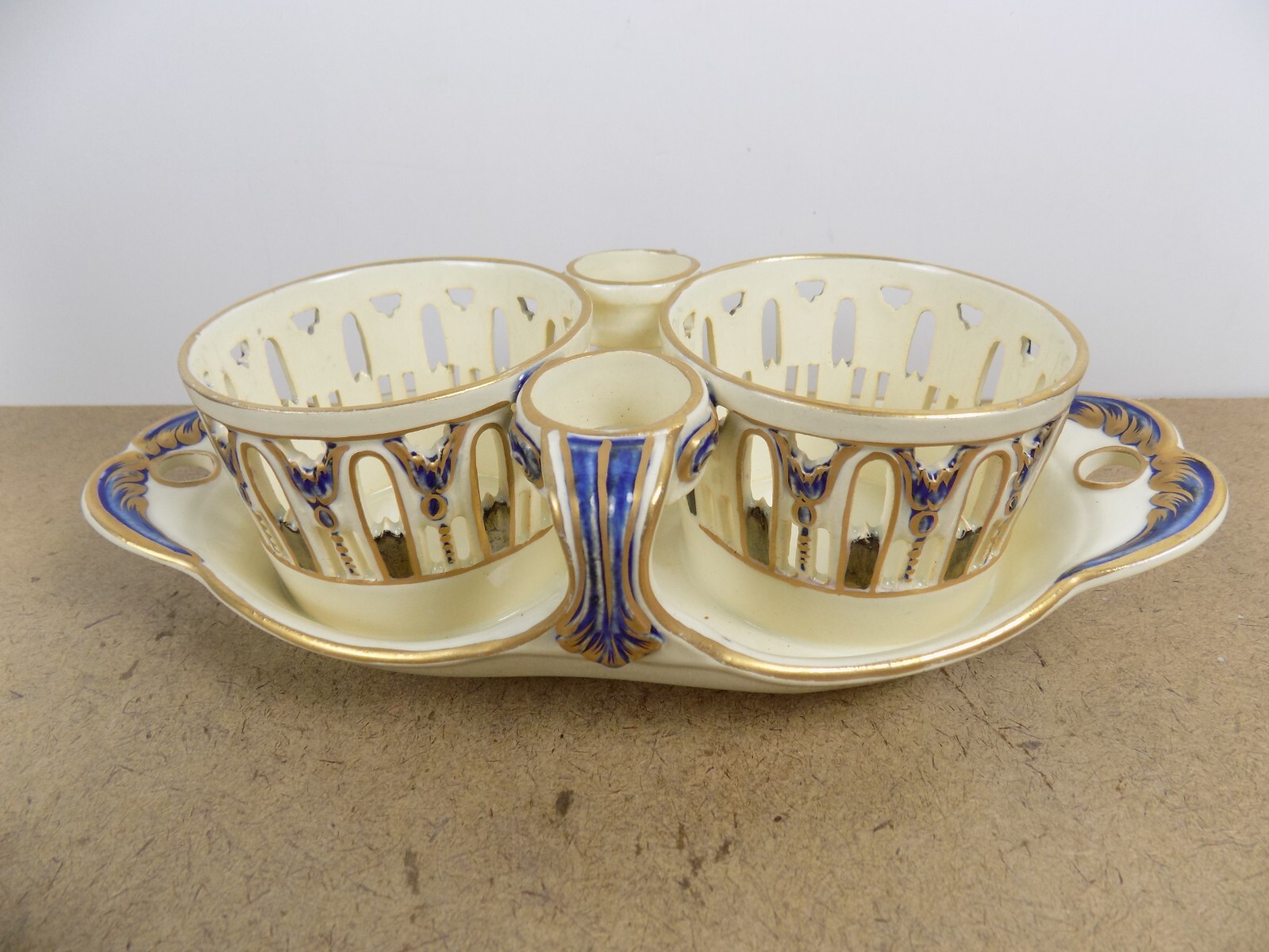 Antique Keller & Guerin Luneville Cruet Set Butterfly & Flower France