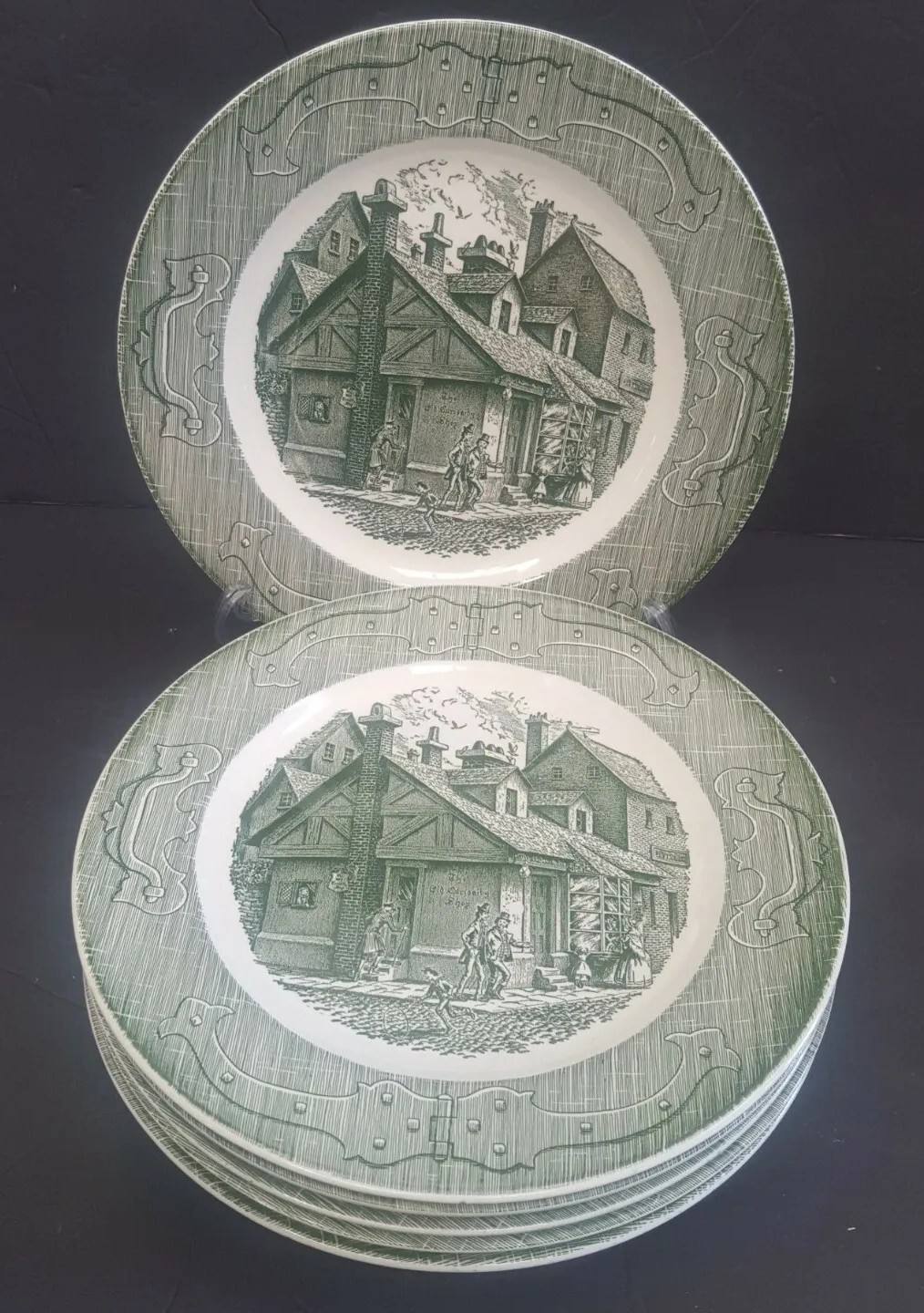 Set Of 9 The Old Curiosity Shop Green Transferware 10” Dinner Plates NOS