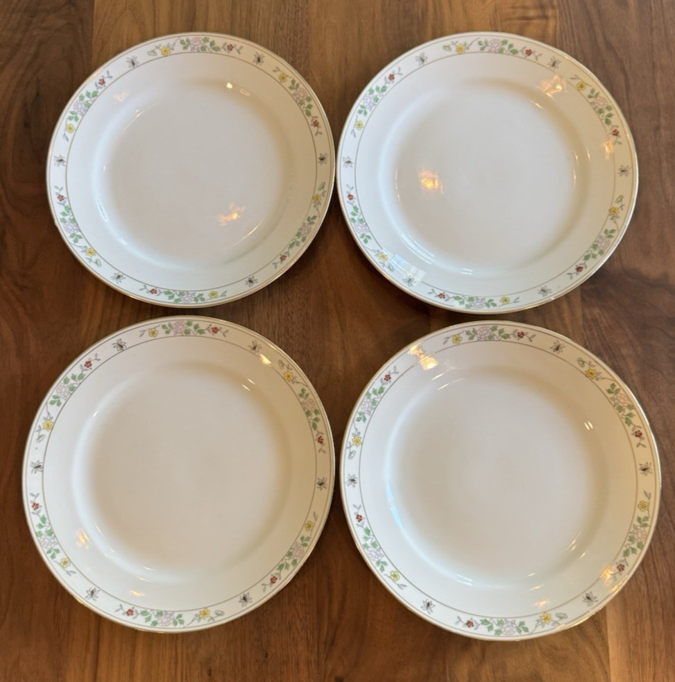 Noritake N1611 Field Japan (4) Dinner Plates Flowers Bees Rare Gold Hand Painted