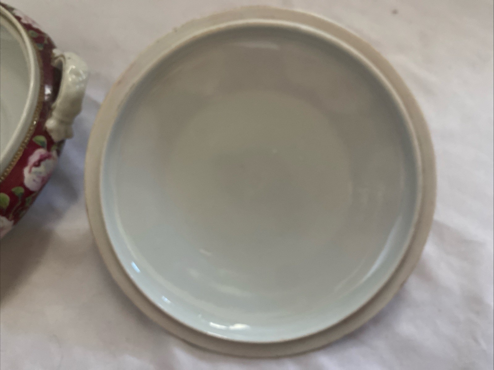 Antique Pink Cabbage Rose Applied Gold Red Pre-Nippon Bowl With Lid