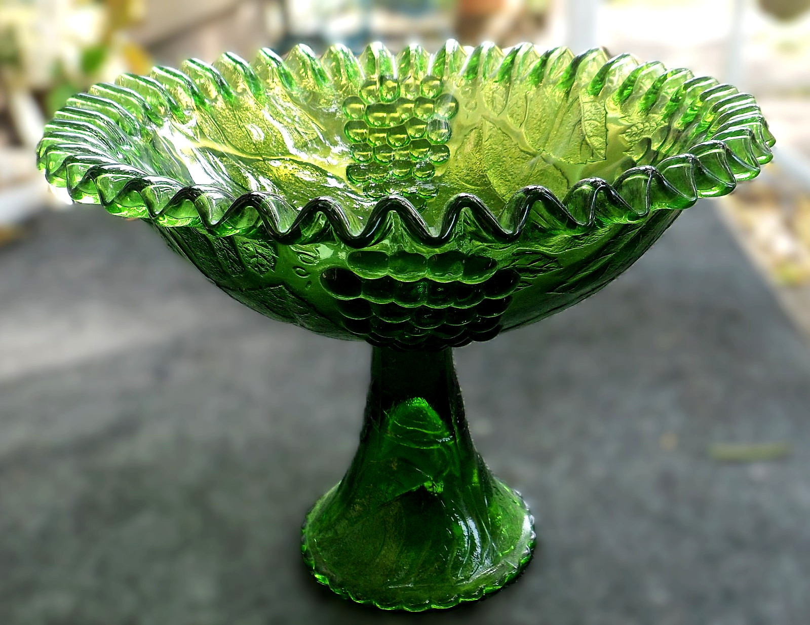 Fruit Bowl Vintage Pressed Glass Grape Compote Dark Green Ruffled Edge 8 Inch