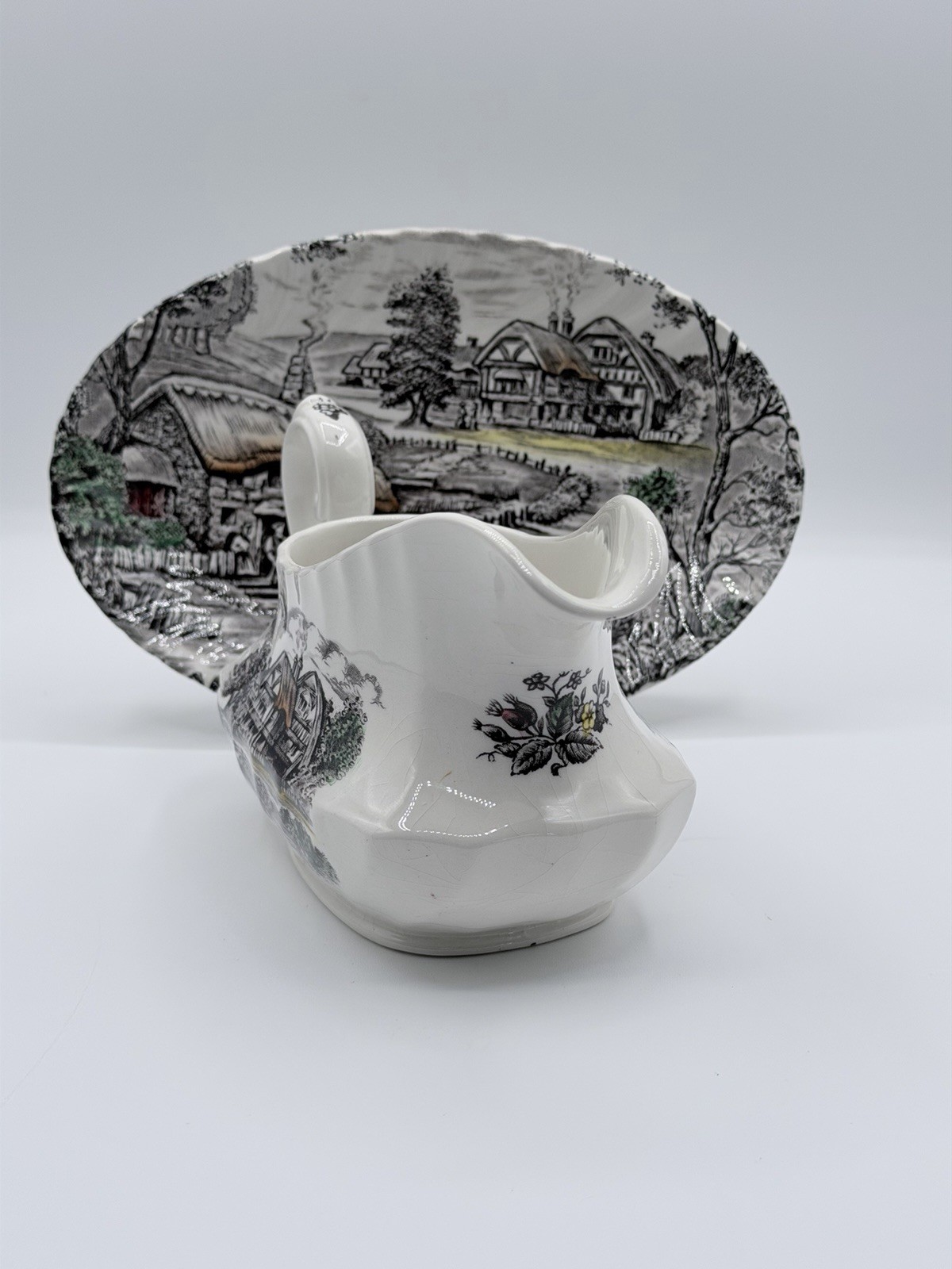 Staffordshire Ironstone Yorkshire Multicolor Gravy Boat with Underplate England