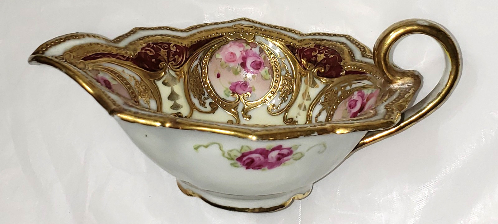 Vintage Unmarked Nippon Floral & Heavy Gold Sauce Dish