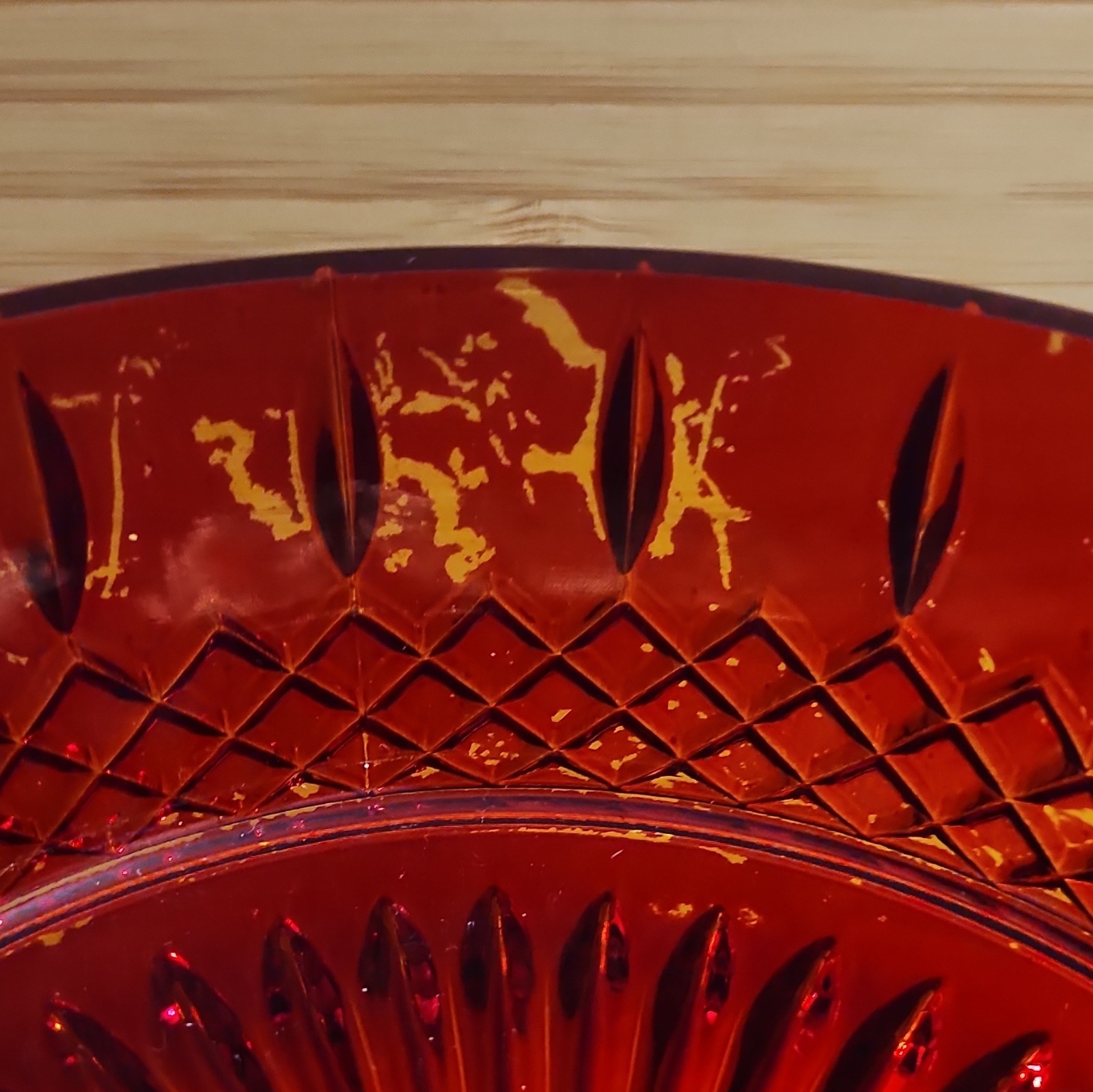 Red Glass Pedestal Compote Bowl w/ Hanging Prisms, Ornate Gold-Tone Base