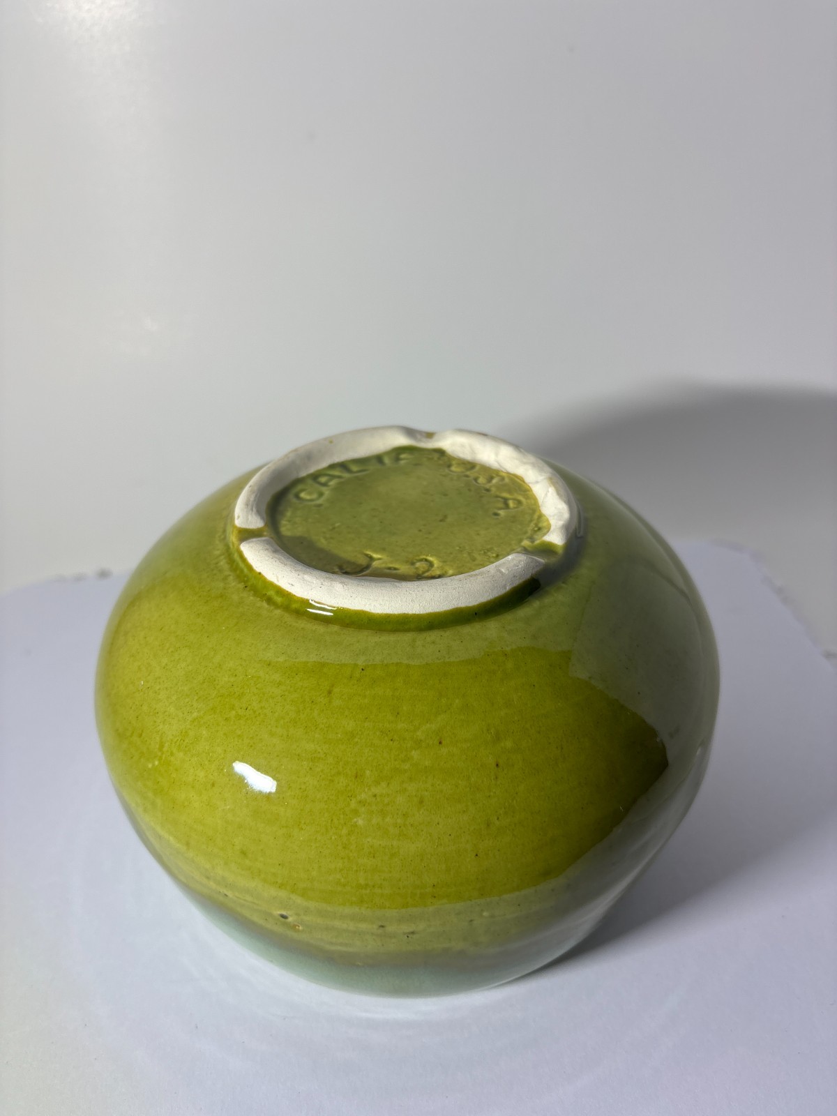 Vintage MCM California Pottery Bowl Green Drip Glaze Calif USA Stamped J-2