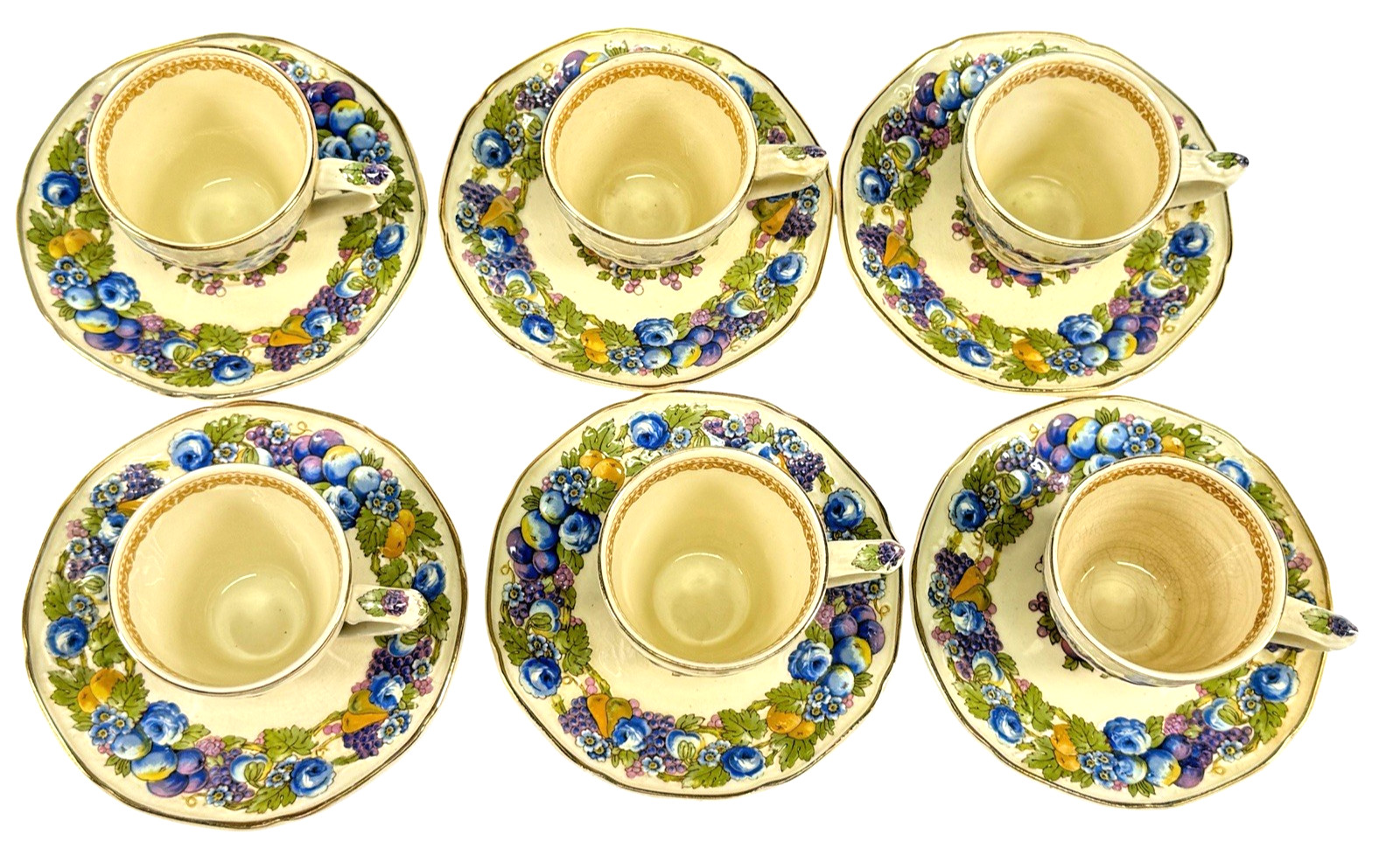 Vintage Crown Ducal Florentine Tea Set of 6 Cups & Saucers Made in England 1954